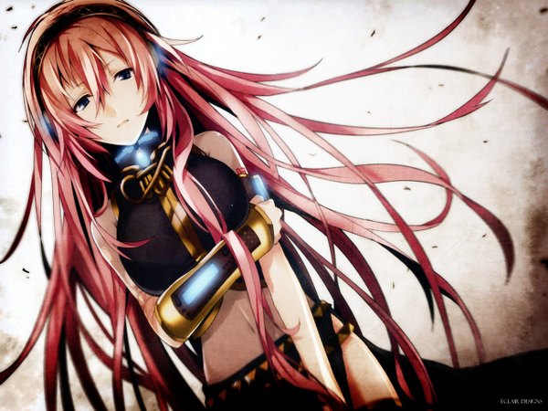 Anime picture 1280x960 with vocaloid megurine luka eclairdesigns single long hair pink hair black eyes girl navel detached sleeves headphones