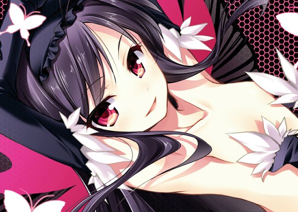 Anime picture 1100x785 with accel world sunrise (studio) kuroyukihime gunp single long hair black hair red eyes midriff insect wings butterfly wings girl gloves elbow gloves hairband insect butterfly