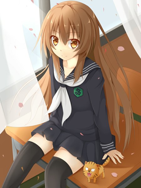 Anime picture 712x950 with toradora j.c. staff aisaka taiga palmtop tiger yahiro (anhnw) long hair tall image open mouth brown hair sitting brown eyes pleated skirt light smile chibi o o girl thighhighs skirt uniform black thighhighs