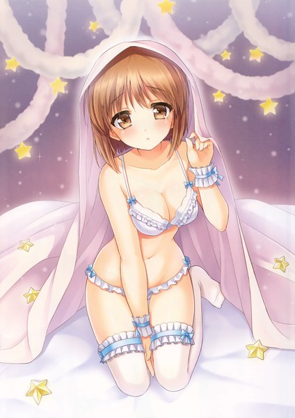 Anime picture 2120x3000 with idolmaster hagiwara yukiho k.y ko single tall image looking at viewer blush highres short hair light erotic brown hair brown eyes scan underwear only girl thighhighs navel underwear panties white thighhighs