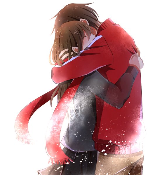 Anime picture 846x1000 with kagerou project shaft (studio) tateyama ayano kisaragi shintarou tagme (artist) long hair tall image short hair simple background brown hair white background eyes closed couple hug tears snowing girl boy scarf sweater