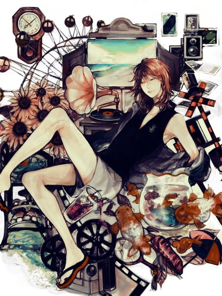 Anime picture 1000x1333 with prince of tennis hirakoba rin kusari n ba (kigou) single long hair tall image open mouth brown hair sitting bare shoulders black eyes off shoulder boy food shorts leaf (leaves) umbrella clock fish (fishes) drink
