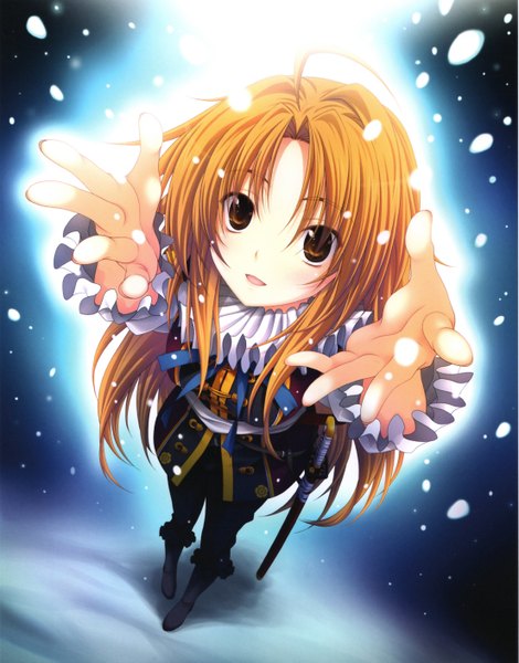 Anime picture 4414x5633 with oda nobuna no yabou oda nobuna miyama zero long hair tall image highres blonde hair brown eyes absurdres from above scan snowing winter girl weapon sword boots katana