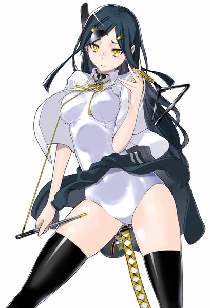 Anime picture 800x1173 with yozakura quartet kujouin iruka yasuda suzuhito single long hair tall image looking at viewer breasts light erotic black hair simple background standing white background yellow eyes girl thighhighs hair ornament weapon black thighhighs sword