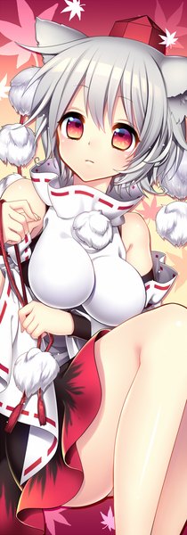 Anime picture 525x1500 with touhou inubashiri momiji masaru.jp single tall image blush short hair breasts light erotic red eyes large breasts bare shoulders animal ears looking away silver hair wolf ears girl detached sleeves tokin hat