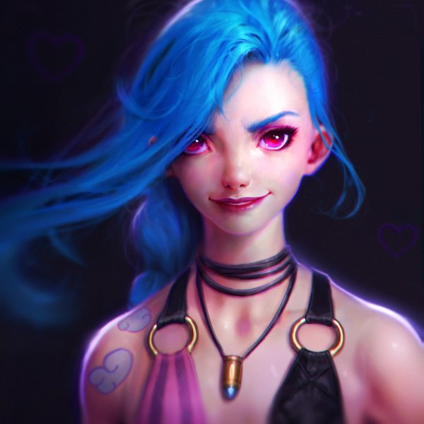 Anime picture 1200x1200 with league of legends jinx (league of legends) irakli nadar single long hair looking at viewer simple background smile blue hair upper body braid (braids) pink eyes wind lips tattoo lipstick single braid black background portrait eyeshadow