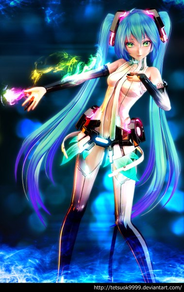 Anime picture 1759x2780 with vocaloid hatsune miku tetsuok9999 single tall image highres green eyes blue hair very long hair tattoo magic girl navel detached sleeves headphones