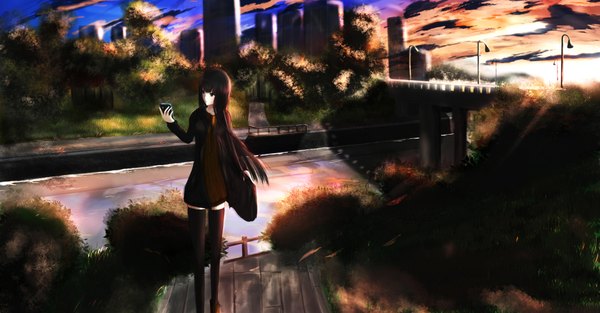 Anime picture 2000x1046 with original kikivi single long hair highres blue eyes black hair wide image city evening sunset girl thighhighs dress black thighhighs plant (plants) tree (trees) phone