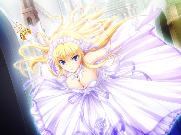 Anime picture 1600x1200 with duelist x engage violetta soleil long hair breasts blue eyes light erotic blonde hair game cg girl dress sword white dress