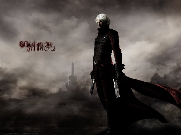 Anime picture 1600x1200 with devil may cry capcom dante (devil may cry) single short hair blonde hair cloud (clouds) white hair wind inscription night grey background wallpaper looking down dust boy weapon gun cloak pistol