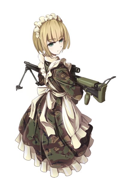 Anime picture 815x1200 with original tc1995 single tall image short hair simple background blonde hair white background holding green eyes looking away looking back maid military army girl uniform weapon headdress gun
