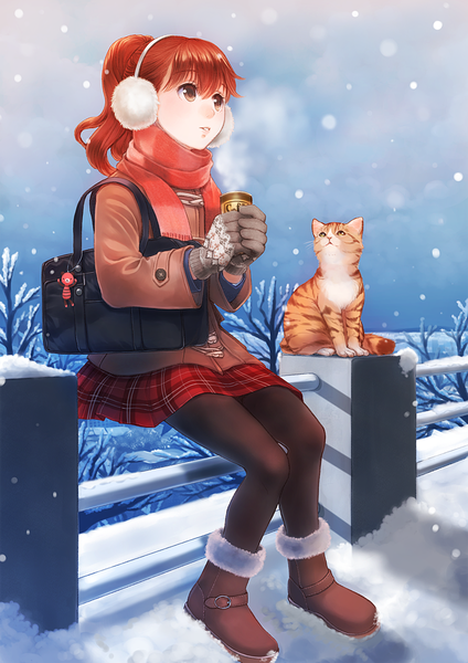 Anime picture 848x1200 with original soujirou single long hair tall image sitting brown eyes full body outdoors ponytail red hair snowing winter snow steam girl skirt uniform school uniform animal