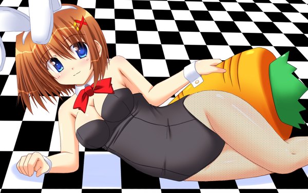 Anime picture 1600x1000 with mahou shoujo lyrical nanoha mahou shoujo lyrical nanoha strikers yagami hayate lask light erotic wide image cleavage bunny girl girl x hair ornament bunnysuit