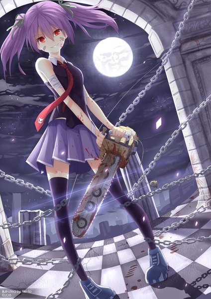 Anime picture 2480x3507 with original riki-to single long hair tall image highres smile red eyes twintails purple hair night dutch angle zettai ryouiki checkered floor ruins evil grin girl thighhighs skirt ribbon (ribbons)