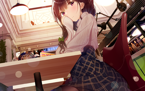 Anime picture 1920x1200 with original atha (leejuiping) single long hair looking at viewer blush fringe highres brown hair sitting purple eyes indoors light smile from below lens flare plaid skirt hand on face girl skirt bow