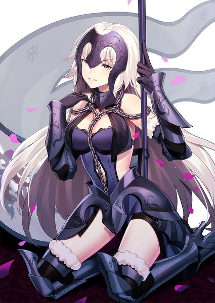 Anime picture 850x1200 with fate (series) fate/grand order fate/apocrypha jeanne d'arc (fate) (all) jeanne d'arc alter (fate) jeanne d'arc alter (avenger) (third ascension) (fate) ririko (zhuoyandesailaer) single long hair tall image looking at viewer blush fringe light erotic blonde hair yellow eyes parted lips high heels fur trim kneeling