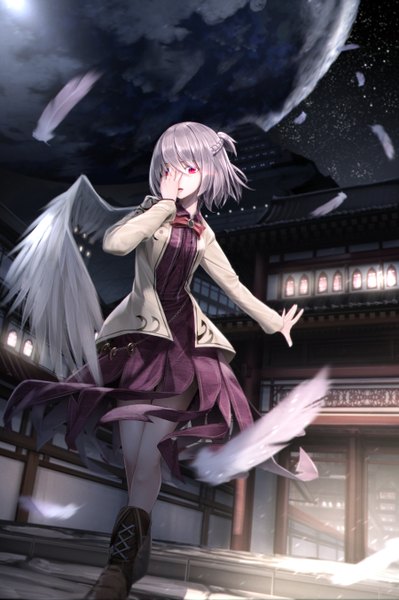 Anime picture 900x1353 with touhou kishin sagume ryosios single tall image looking at viewer fringe short hair hair between eyes red eyes standing sky silver hair outdoors braid (braids) parted lips wind lips blurry night