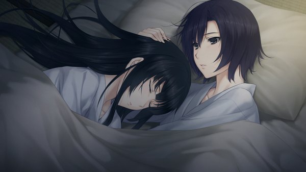 Anime picture 1280x720 with kara no shoujo innocent grey kayahara yukiko tokisaka yukari sugina miki long hair short hair black hair wide image multiple girls brown eyes blue hair game cg lying eyes closed traditional clothes japanese clothes hug sleeping girl