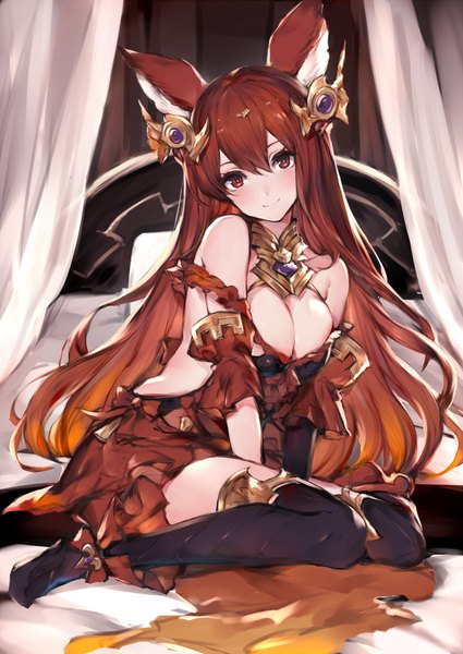 Anime picture 1380x1950 with granblue fantasy anthuria watao single long hair tall image looking at viewer blush fringe breasts light erotic smile hair between eyes large breasts sitting bare shoulders animal ears cleavage indoors head tilt