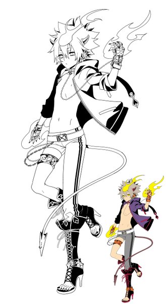 Anime picture 1532x2792 with katekyou hitman reborn sawada tsunayoshi yamimomo tall image short hair simple background blonde hair white background yellow eyes nail polish fingernails open clothes open jacket alternate costume long fingernails spiked hair multiple persona shirtless boy navel