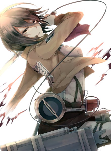 Anime picture 1100x1500 with shingeki no kyojin production i.g mikasa ackerman haru (haru2079) single tall image short hair brown hair white background holding brown eyes open clothes open jacket dual wielding girl weapon sword scarf blood red scarf