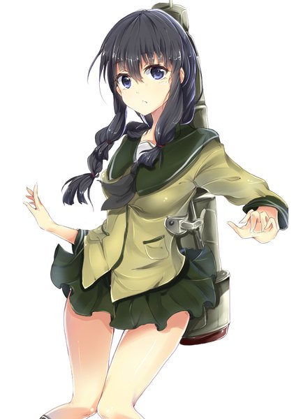 Anime picture 760x1050 with kantai collection kitakami light cruiser takitou single tall image looking at viewer blush fringe blue eyes black hair simple background hair between eyes white background bent knee (knees) braid (braids) head tilt :o twin braids knees touching girl