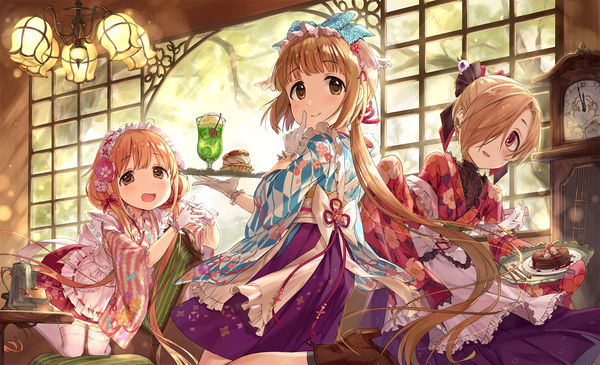 Anime picture 1561x950 with idolmaster idolmaster cinderella girls futaba anzu shirasaka koume yorita yoshino tamaext long hair looking at viewer blush fringe short hair open mouth smile red eyes brown hair wide image standing twintails multiple girls brown eyes