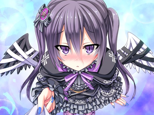 Anime picture 1024x768 with change! ano musume ni natte kunkun peropero may-be soft tanabe rumia akaza single long hair looking at viewer blush open mouth purple eyes twintails holding game cg purple hair nail polish lolita fashion goth-loli girl dress bow