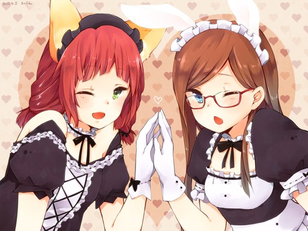 Anime picture 1500x1125 with tera online manoue (artist) long hair looking at viewer blush short hair open mouth blue eyes smile brown hair multiple girls green eyes signed animal ears red hair one eye closed wink maid bunny ears girl