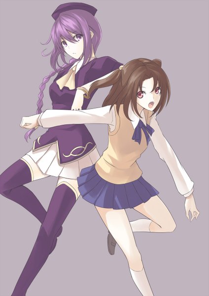 Anime picture 1000x1414 with shingetsutan tsukihime melty blood type-moon yumizuka satsuki sion eltnam atlasia kauto long hair tall image looking at viewer blush open mouth simple background red eyes brown hair purple eyes twintails multiple girls purple hair braid (braids) grey background