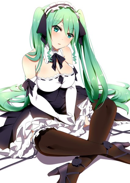 Anime picture 1256x1768 with vocaloid hatsune miku umakatsuhai single tall image looking at viewer blue eyes light erotic white background twintails very long hair aqua hair girl thighhighs dress gloves black thighhighs elbow gloves white gloves lolita hairband