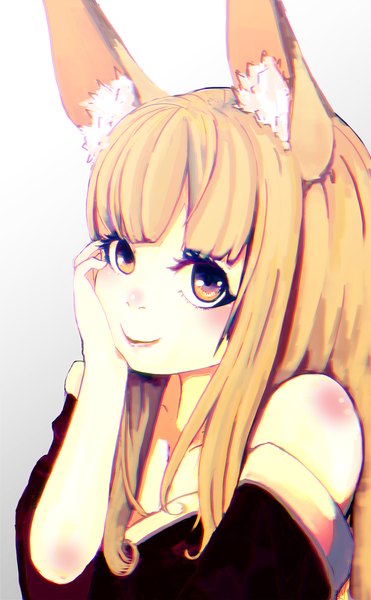 Anime picture 709x1147 with original lizcat0001 single long hair tall image looking at viewer blush fringe blonde hair smile bare shoulders animal ears fox ears hand on face girl