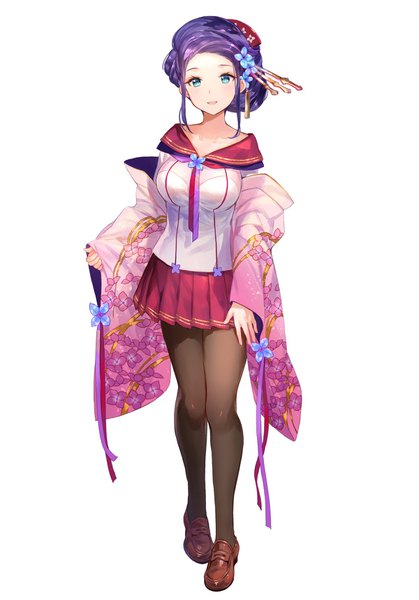 Anime picture 1200x1718 with onsen musume fuzichoco single tall image looking at viewer short hair breasts open mouth simple background smile large breasts standing white background purple hair full body long sleeves traditional clothes japanese clothes pleated skirt hair flower