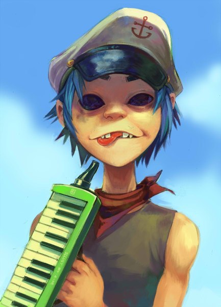 Anime picture 1083x1500 with gorillaz 2d a-ka single tall image looking at viewer short hair blue eyes bare shoulders blue hair sky teeth blue background humor boy tongue peaked cap neckerchief