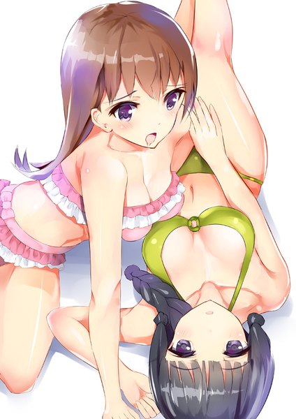 Anime picture 661x935 with kantai collection kitakami light cruiser ooi light cruiser henet hene long hair tall image blush fringe breasts open mouth light erotic black hair simple background brown hair white background sitting purple eyes multiple girls lying braid (braids)