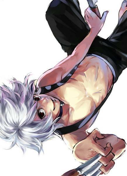 Anime picture 790x1090 with tokyo ghoul studio pierrot suzuya juuzou shiromi (ringo) single tall image looking at viewer fringe short hair open mouth simple background smile red eyes white background holding grey hair shirtless boy hair ornament weapon