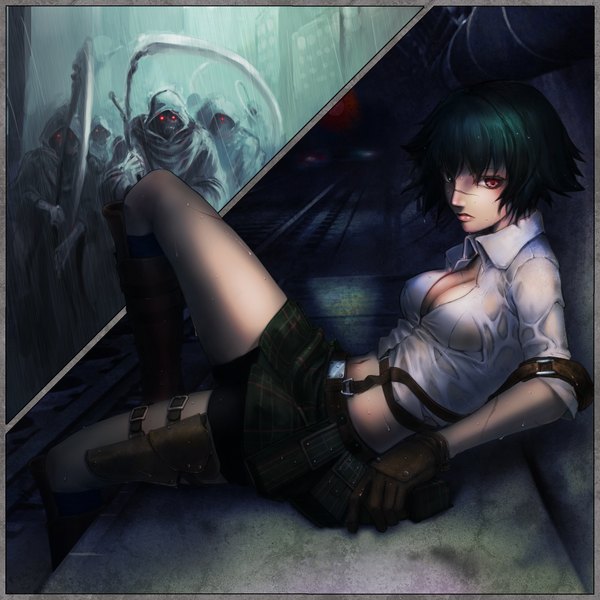 Anime picture 2000x2000 with devil may cry lady (devil may cry) looking at viewer highres short hair breasts blue eyes light erotic red eyes green eyes wet heterochromia city scar rain wet clothes reclining framed demon girl