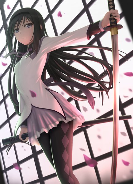 Anime picture 942x1300 with mahou shoujo madoka magica shaft (studio) akemi homura siraha single long hair tall image looking at viewer black hair purple eyes outstretched arm magical girl girl dress skirt weapon petals pantyhose sword katana