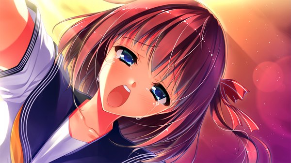 Anime picture 1280x720 with suika niritsu (game) short hair open mouth blue eyes wide image game cg red hair tears girl serafuku