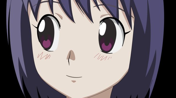 Anime picture 1500x842 with kamisama dolls kuga utao single blush short hair wide image purple eyes purple hair light smile black background close-up face girl