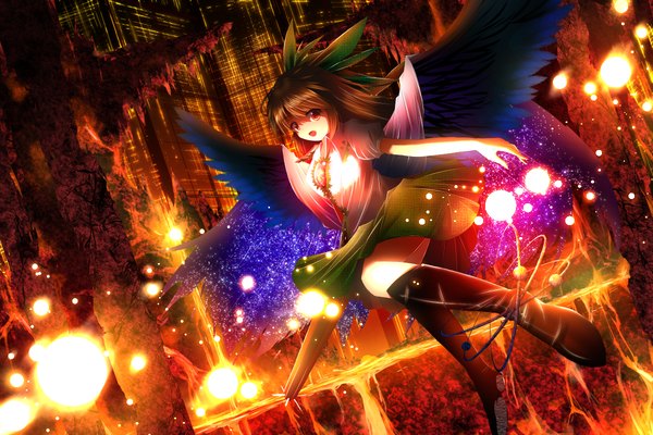 Anime picture 1200x800 with touhou reiuji utsuho pengin (takeoff425) single long hair open mouth red eyes brown hair starry sky print arm cannon girl dress bow weapon hair bow wings socks black socks