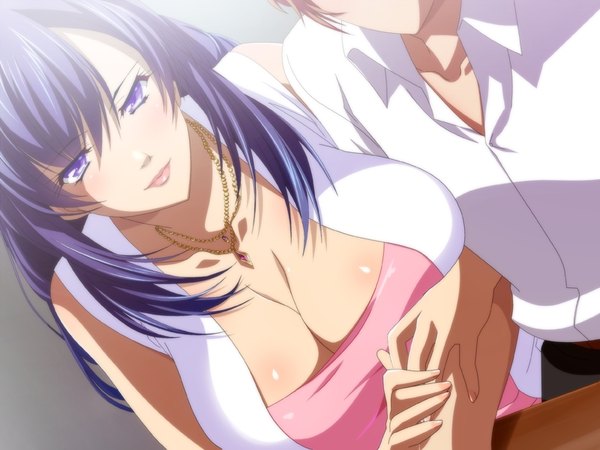 Anime picture 800x600 with rinjin ~tonari no kirei na okaa-san wa suki desu ka?~ sawazaki kyouko makita makoto kawai masaki long hair fringe breasts light erotic hair between eyes purple eyes looking away game cg cleavage purple hair nail polish from above grey background lipstick huge breasts solo focus