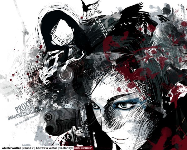 Anime picture 1280x1024 with ergo proxy re-l mayer black hair no face girl weapon animal bird (birds) gun shotgun