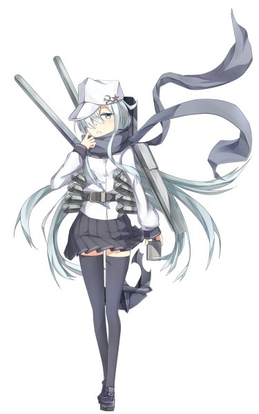 Anime picture 750x1200 with kantai collection hibiki destroyer verniy destroyer ido (teketeke) single long hair tall image fringe blue eyes simple background white background blue hair hair over one eye hammer and sickle girl thighhighs weapon black thighhighs scarf star (symbol)