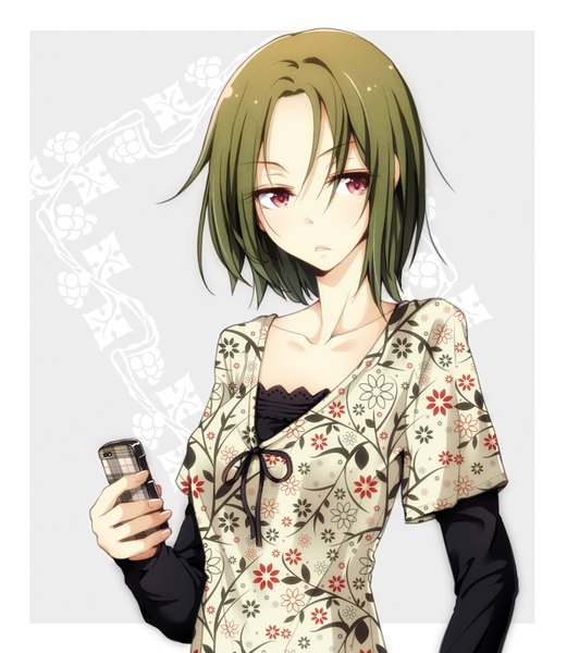 Anime picture 819x942 with original tokunou shoutarou single tall image short hair red eyes looking away upper body green hair grey background floral print border outside border girl mobile phone