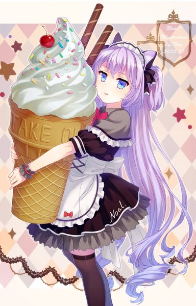 Anime picture 675x1055 with original gururu single long hair tall image open mouth blue eyes animal ears purple hair maid fake animal ears girl thighhighs dress uniform black thighhighs food frills headdress sweets