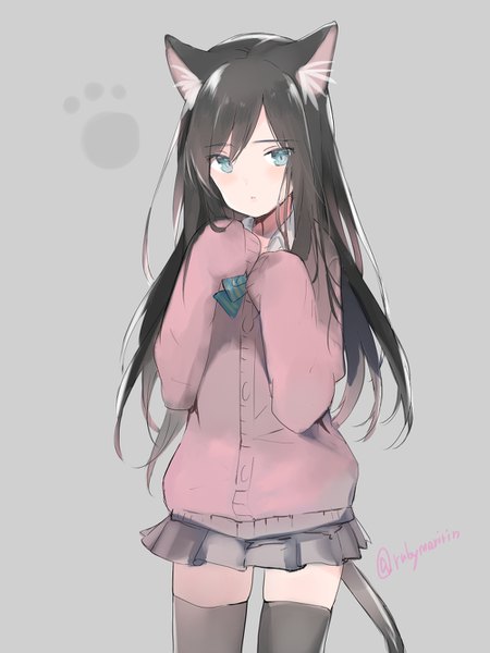 Anime picture 1000x1334 with original hashimoto mari single long hair tall image looking at viewer blush fringe blue eyes black hair simple background hair between eyes standing signed animal ears tail animal tail pleated skirt cat ears grey background