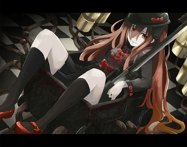 Anime picture 1084x853 with original tansuke single long hair looking at viewer smile brown hair brown eyes dutch angle letterboxed pale skin girl skirt ribbon (ribbons) weapon socks shoes gun black socks helmet