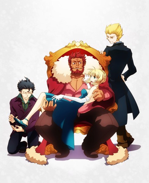 Anime picture 1439x1763 with fate (series) fate/zero type-moon artoria pendragon (all) saber gilgamesh (fate) diarmuid ua duibhne (lancer) (fate) rider (fate/zero) tall image short hair open mouth blue eyes black hair simple background blonde hair smile white background sitting bare shoulders silver hair
