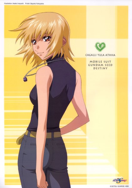 Anime picture 2000x2844 with mobile suit gundam gundam seed destiny sunrise (studio) cagalli yula athha tall image highres short hair blonde hair purple eyes looking back copyright name sleeveless character names hand on hip border yellow background girl pendant